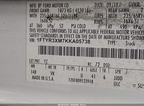1FTYR3XM7KKA05738 2019 FORD TRANSIT-250 White Vista del compartimento del motor