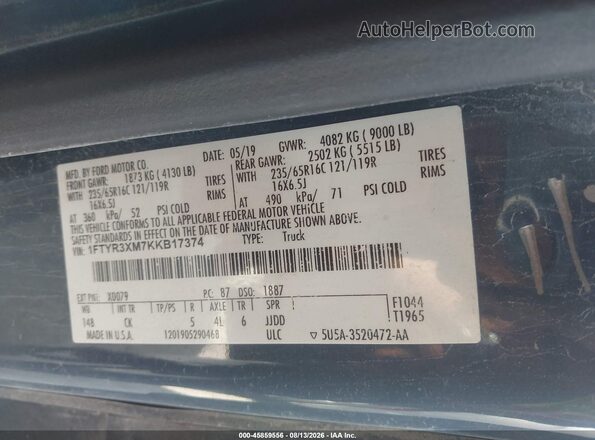 1FTYR3XM7KKB17374 2019 FORD TRANSIT-250 Blue Engine compartment view