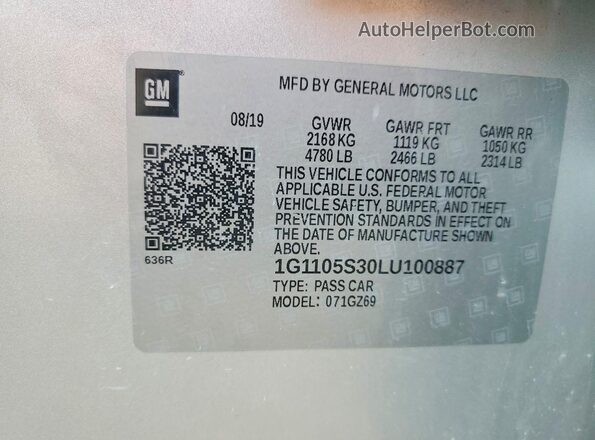 1G1105S30LU100887 2020 CHEVROLET IMPALA Silver Vista de la etiqueta del VIN