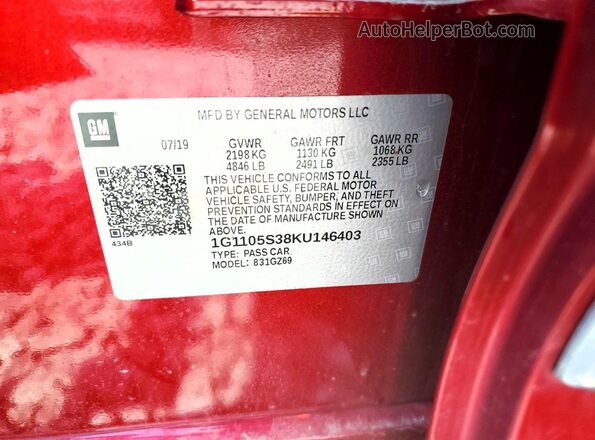 1G1105S38KU146403 2019 CHEVROLET IMPALA Красный Вид подкапотного пространства