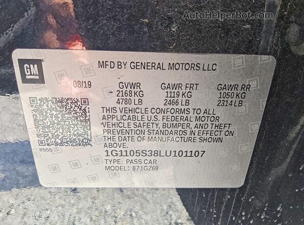 1G1105S38LU101107 2020 CHEVROLET IMPALA Black VIN კოდის სტიკერის ხედი