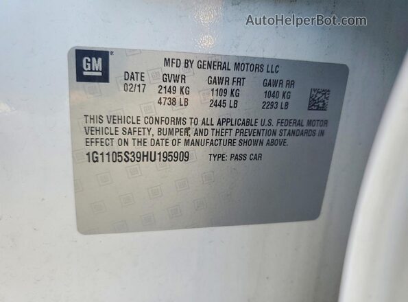 1G1105S39HU195909 2017 CHEVROLET IMPALA White Widok naklejki z numerem VIN
