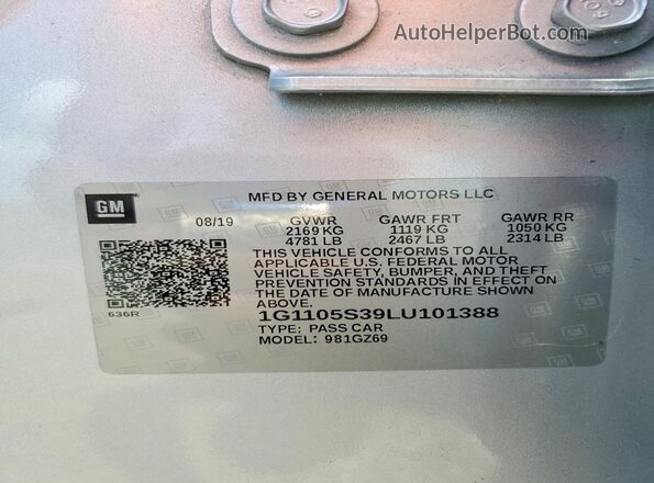 1G1105S39LU101388 2020 CHEVROLET IMPALA Silver VIN sticker view