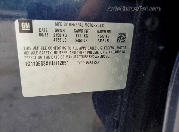1G1105S3XHU112651 2017 CHEVROLET IMPALA Blue ძრავის განყოფილების ხედი
