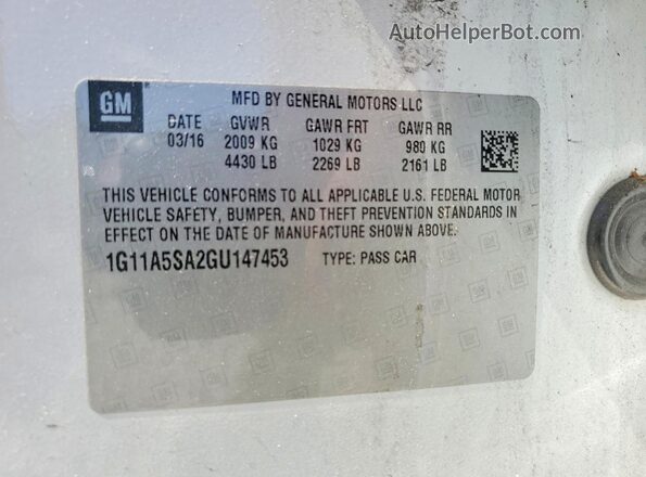 1G11A5SA2GU147453 2016 CHEVROLET MALIBU White Вид підкапотного простору