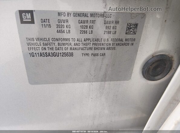 1G11A5SA3GU125638 2016 CHEVROLET MALIBU Silver ძრავის განყოფილების ხედი