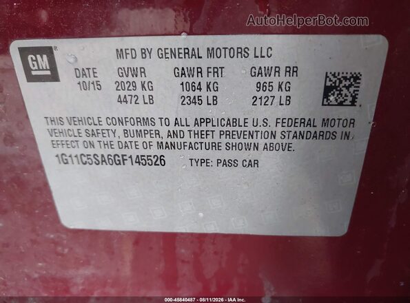 1G11C5SA6GF145526 2016 CHEVROLET MALIBU Maroon Vista del compartimento del motor
