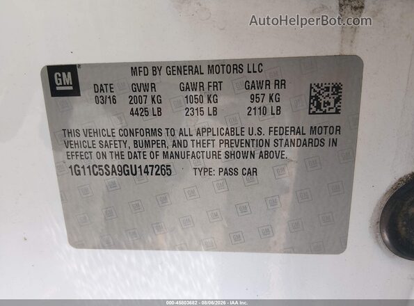 1G11C5SA9GU147265 2016 CHEVROLET MALIBU White Engine compartment view
