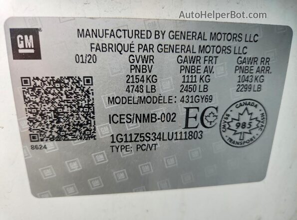 1G11Z5S34LU111803 2020 CHEVROLET IMPALA White VIN կոդի պիտակի տեսք
