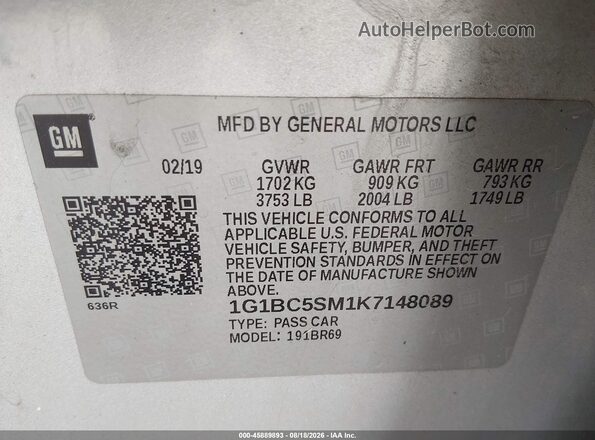 1G1BC5SM1K7148089 2019 CHEVROLET CRUZE Silver Engine compartment view
