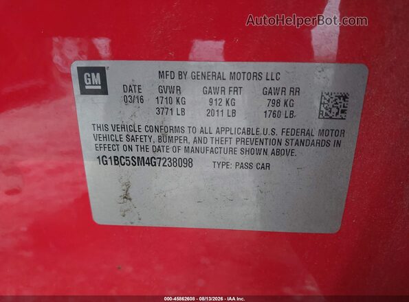 1G1BC5SM4G7238098 2016 CHEVROLET CRUZE Red Շարժիչի բաժամունքի տեսք