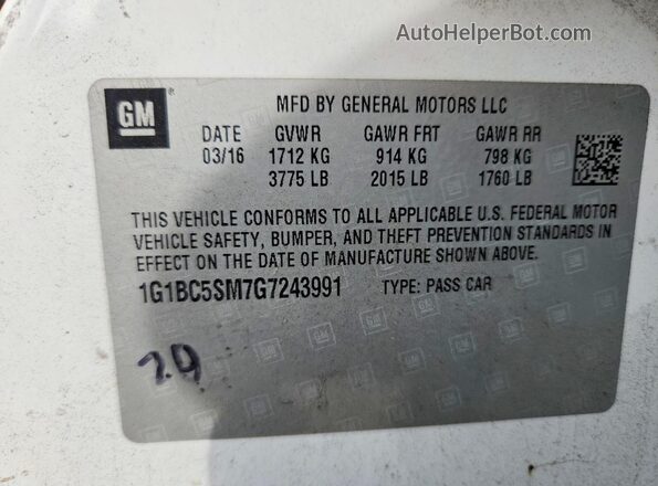 1G1BC5SM7G7243991 2016 CHEVROLET CRUZE Белый Вид подкапотного пространства