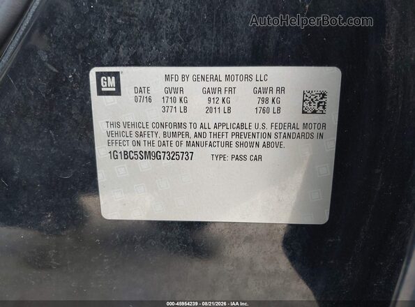 1G1BC5SM9G7325737 2016 CHEVROLET CRUZE Black Vista del compartimento del motor
