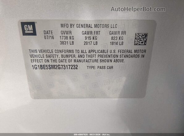 1G1BE5SM2G7317232 2016 CHEVROLET CRUZE Silver Widok komory silnika