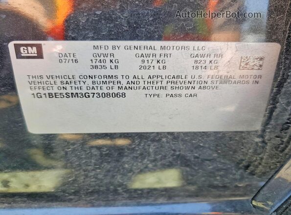 1G1BE5SM3G7308068 2016 CHEVROLET CRUZE Black VIN კოდის სტიკერის ხედი