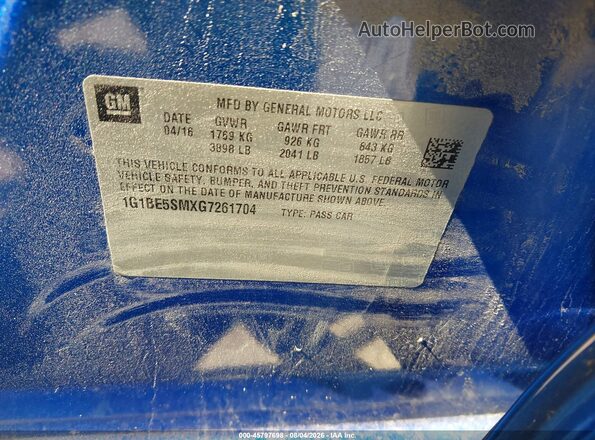 1G1BE5SMXG7261704 2016 CHEVROLET CRUZE Blue ძრავის განყოფილების ხედი
