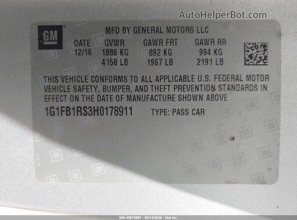 1G1FB1RS3H0178911 2017 CHEVROLET CAMARO Silver Вид підкапотного простору