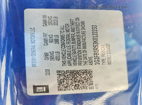 1G1FB1RS3K0122233 2019 CHEVROLET CAMARO Blue Widok komory silnika