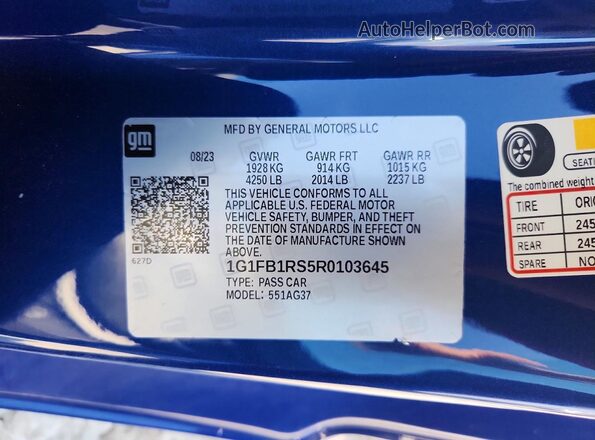 1G1FB1RS5R0103645 2024 CHEVROLET CAMARO Синий Вид подкапотного пространства