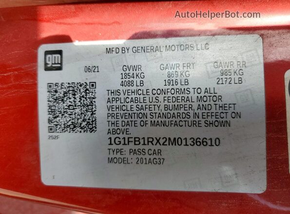 1G1FB1RX2M0136610 2021 CHEVROLET CAMARO Red Vista de la etiqueta del VIN