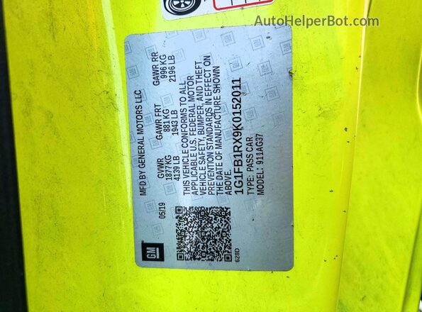 1G1FB1RX9K0152011 2019 CHEVROLET CAMARO Green Widok naklejki z numerem VIN