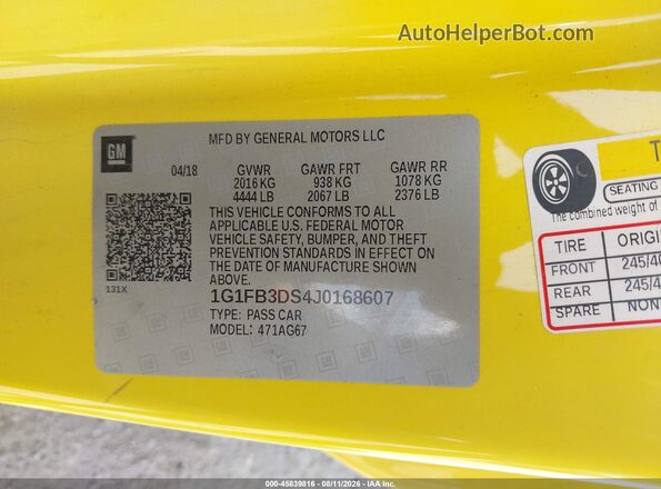 1G1FB3DS4J0168607 2018 CHEVROLET CAMARO Yellow Engine compartment view