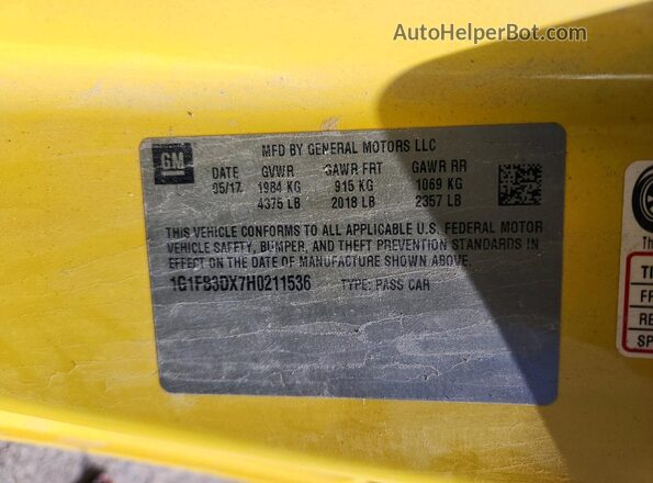 1G1FB3DX7H0211536 2017 CHEVROLET CAMARO Yellow Vista de la etiqueta del VIN