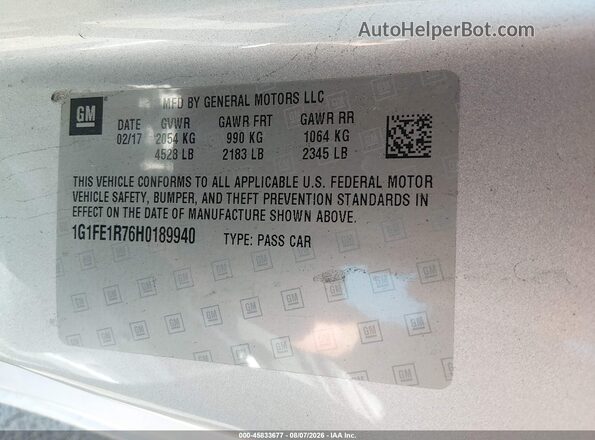 1G1FE1R76H0189940 2017 CHEVROLET CAMARO Silver Вид підкапотного простору