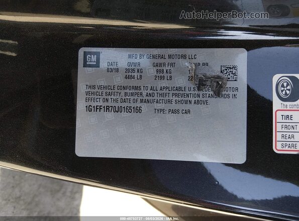 1G1FF1R70J0165166 2018 CHEVROLET CAMARO Black Vista del compartimento del motor