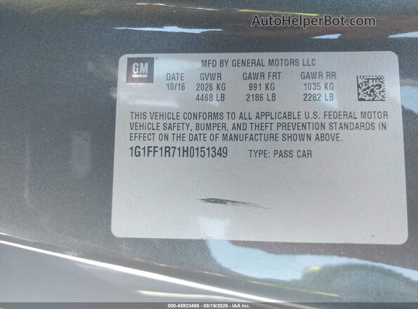 1G1FF1R71H0151349 2017 CHEVROLET CAMARO Black Vista del compartimento del motor