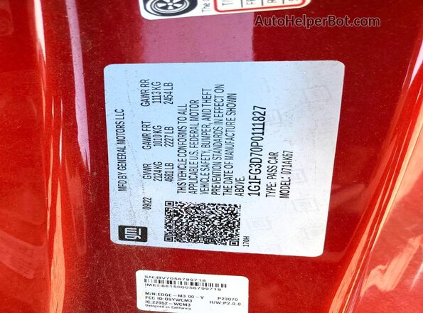 1G1FG3D70P0111827 2023 CHEVROLET CAMARO Burgundy Вид наклейки з VIN-кодом
