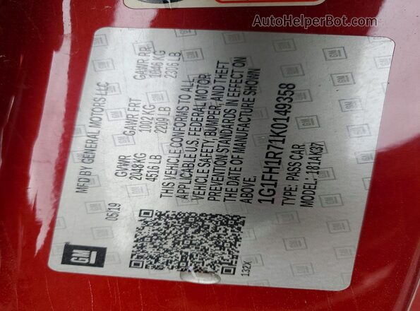 1G1FH1R71K0149358 2019 CHEVROLET CAMARO Красный Вид наклейки с VIN-кодом