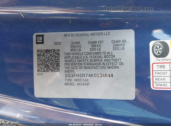 1G1FH1R74K0134644 2019 CHEVROLET CAMARO Blue Vista del compartimento del motor