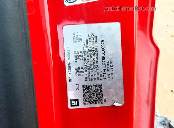 1G1FH1R78K0106975 2019 CHEVROLET CAMARO Красный Вид наклейки с VIN-кодом