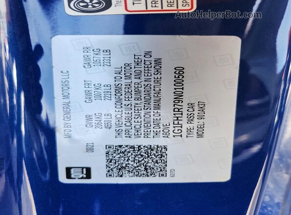 1G1FH1R79N0100560 2022 CHEVROLET CAMARO Blue VIN sticker view