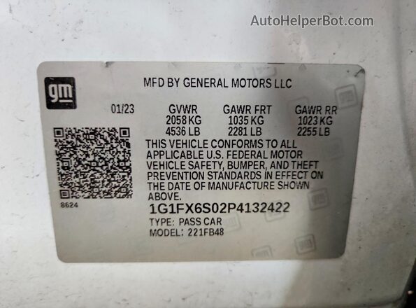 1G1FX6S02P4132422 2023 CHEVROLET BOLT White Вид наклейки з VIN-кодом