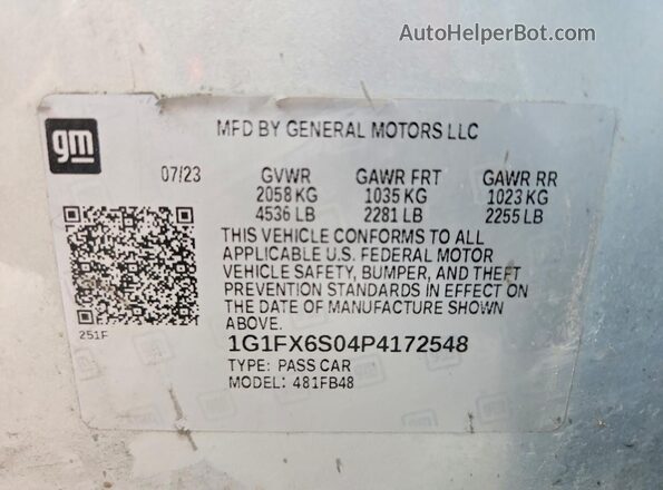 1G1FX6S04P4172548 2023 CHEVROLET BOLT Silver VIN կոդի պիտակի տեսք