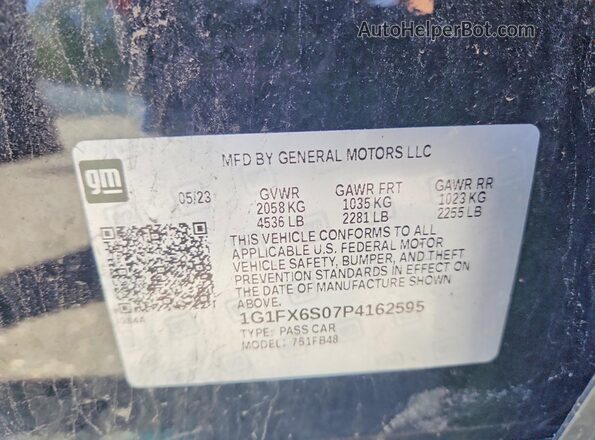 1G1FX6S07P4162595 2023 CHEVROLET BOLT Черный Вид наклейки с VIN-кодом