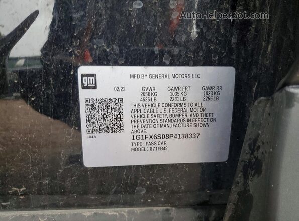 1G1FX6S08P4138337 2023 CHEVROLET BOLT Black Vista de la etiqueta del VIN