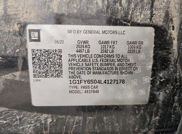 1G1FY6S04L4127178 2020 CHEVROLET BOLT Серый Вид наклейки с VIN-кодом