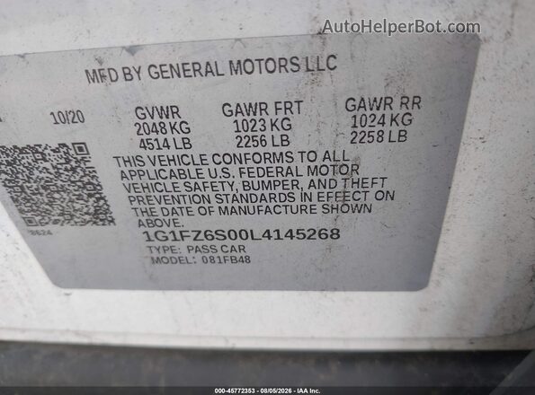 1G1FZ6S00L4145268 2020 CHEVROLET BOLT White Vista del compartimento del motor