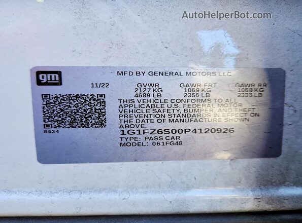 1G1FZ6S00P4120926 2023 CHEVROLET BOLT White VIN კოდის სტიკერის ხედი
