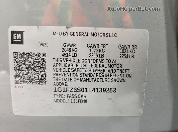 1G1FZ6S01L4139253 2020 CHEVROLET BOLT Gray VIN კოდის სტიკერის ხედი