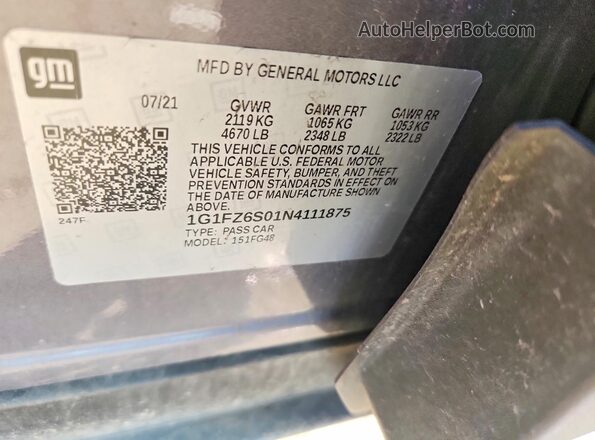 1G1FZ6S01N4111875 2022 CHEVROLET BOLT Gray Շարժիչի բաժամունքի տեսք