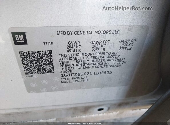 1G1FZ6S02L4103605 2020 CHEVROLET BOLT Silver Widok komory silnika