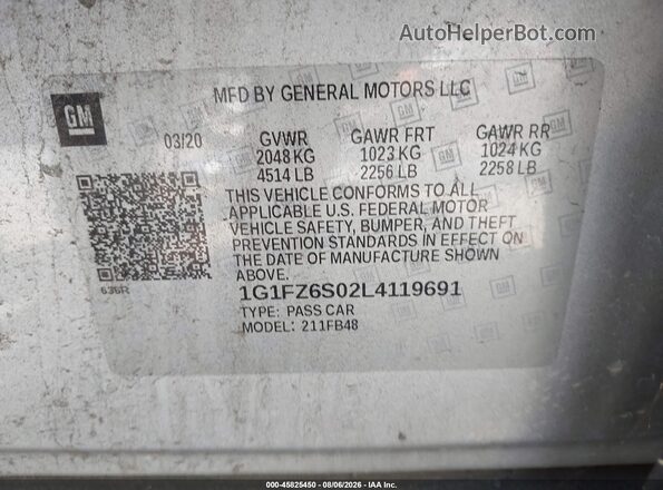 1G1FZ6S02L4119691 2020 CHEVROLET BOLT Серебряный Вид подкапотного пространства