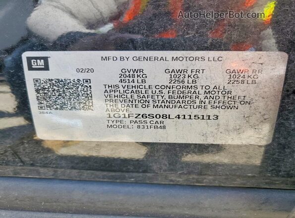1G1FZ6S08L4115113 2020 CHEVROLET BOLT Black Vista de la etiqueta del VIN