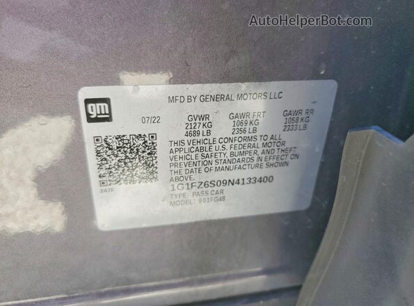1G1FZ6S09N4133400 2022 CHEVROLET BOLT Серый Вид наклейки с VIN-кодом