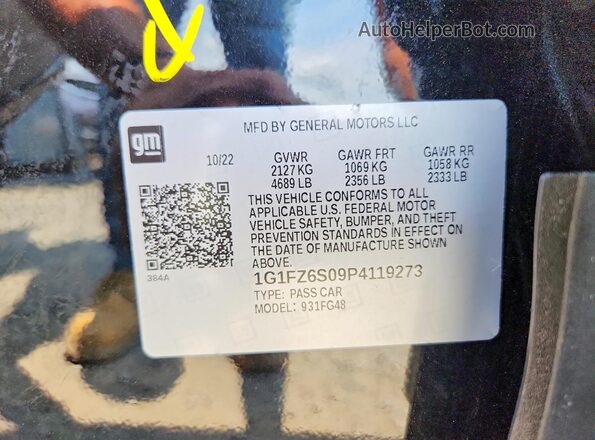 1G1FZ6S09P4119273 2023 CHEVROLET BOLT Black Вид наклейки з VIN-кодом