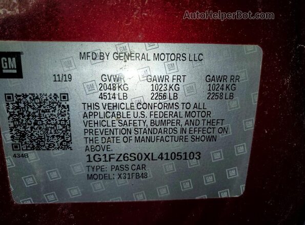 1G1FZ6S0XL4105103 2020 CHEVROLET BOLT Burgundy VIN კოდის სტიკერის ხედი